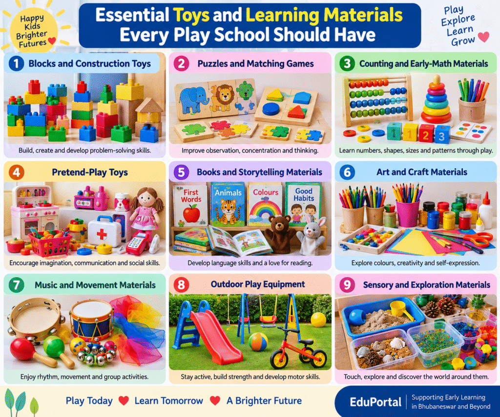 Colourful preschool toys and learning materials including blocks, puzzles, counting toys, books, art supplies and outdoor play equipment.