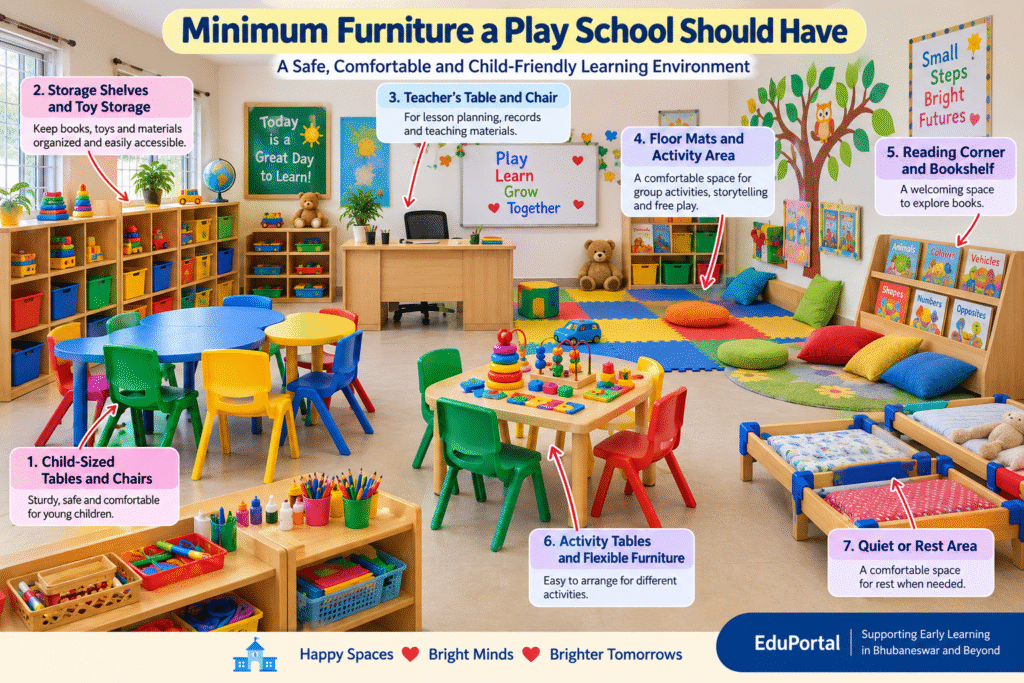 Colourful preschool classroom with child-sized furniture, storage shelves, activity area, reading corner and rest space.