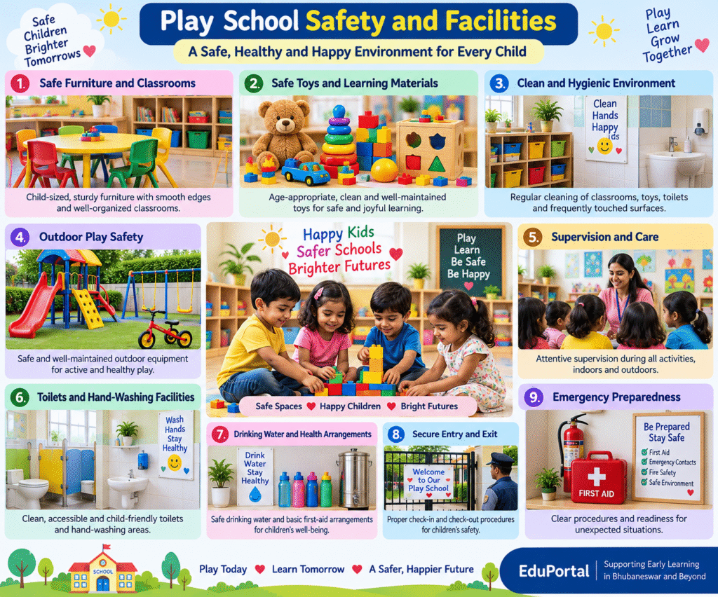 Colourful play school safety infographic showing safe classrooms, toys, hygiene, outdoor play, supervision and emergency facilities.